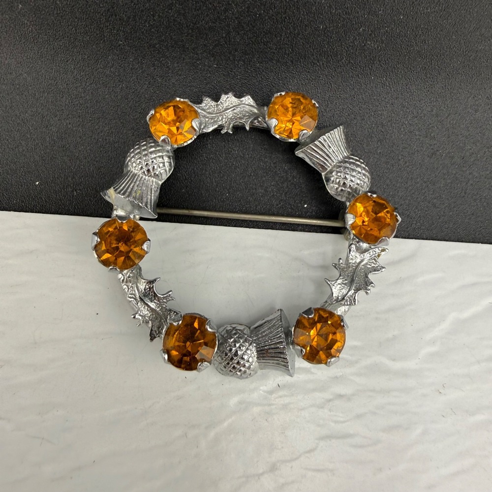 Vintage Mizpah Brooch Silver Tone Scottish Thistle Wreath Orange Rhinestone